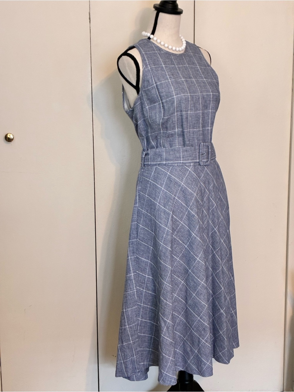 Brooks Brothers Linen and Cotton Gray and White Windowpane Sleeveless Midi Dress - Picture 4 of 15